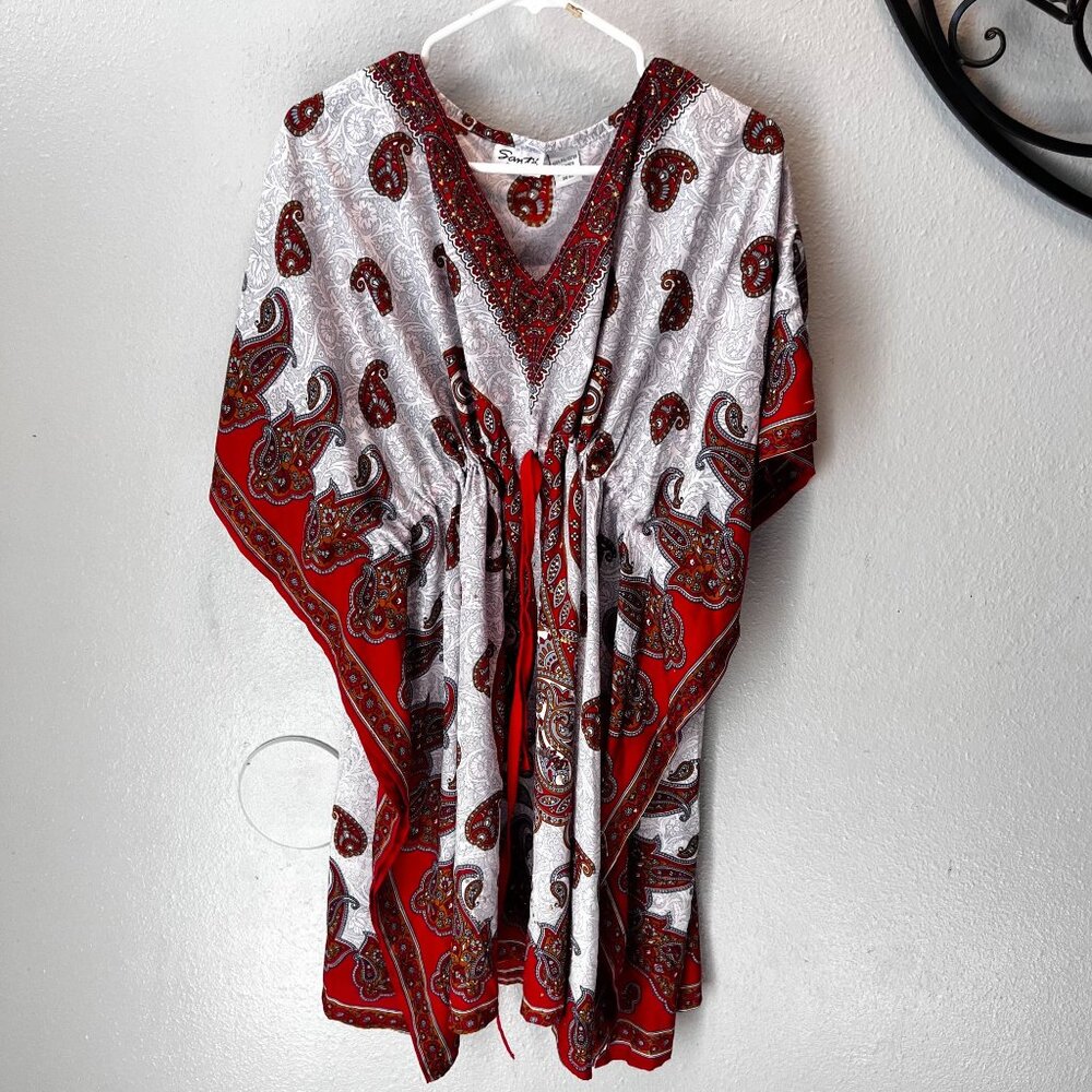 Santé Classics Red‎ & White Paisley Kaftan Dress W/ Sequin Accents One Size